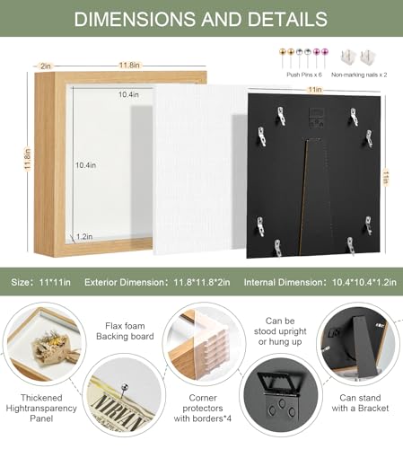 11x11 Shadow Box Frame with Shatterproof Clear Glass & Push Pins - color: Wood Color+foam Back+foam Packaging, size: 11x11