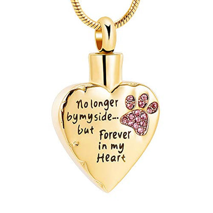 memorial jewelry No Longer by My Side,But Forever in My Heart Carved Locket Cremation Urn Necklace for Pet Dog Cats - color: Gold-Pink