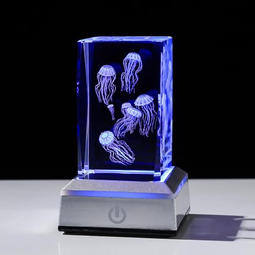 LONGWIN 3D Crystal Jellyfish Figurines Cube Multicolor Night Light, Glass Laser Engraved Gifts for Boys Girls on Birthday Christmas Mothers Day, Ocean Home Decor - style: Jellyfish