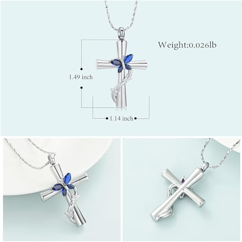 Imrsanl Cross with Butterfly Urn Necklaces for Ashes for Women - color: Silver Blue