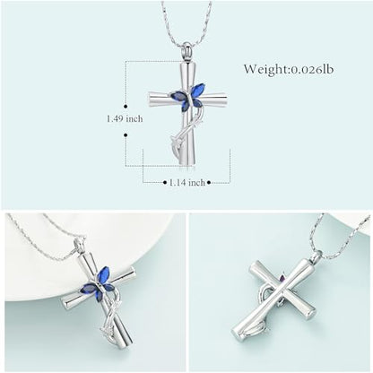Imrsanl Cross with Butterfly Urn Necklaces for Ashes for Women - color: Silver Blue