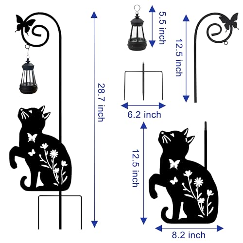 Solar Cat Lantern Garden Stakes 28.7in Metal Outdoor Night Light - color: Black Cat