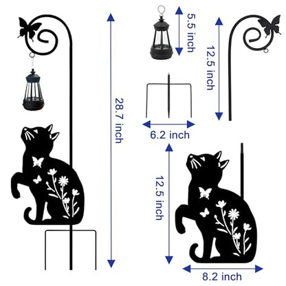 Solar Cat Lantern Garden Stakes 28.7in Metal Outdoor Night Light - color: Black Cat