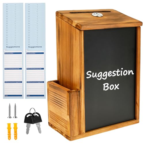Wood Suggestion Box with Slot and Lock, Wooden Donation Tip Drop Boxes for Fundraising, Prayer Boxes with Chalkboard and 50 Suggestion Cards, Ballot Box for Wedding Church & Classroom