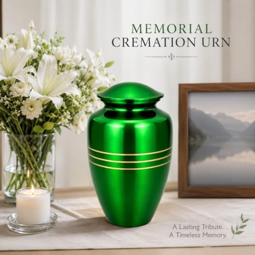 CLEENTABLE Metal Cremation Urn for Human Ashes, Extra Large, Green - color: Green, size: Classic Three-Band - 6.5x11"