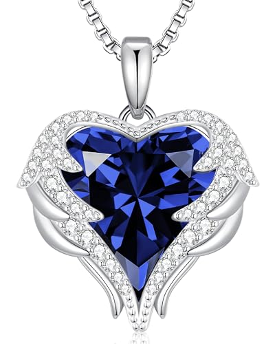 CDE Angel Wings Heart Birthstone Pendant Necklace Gift for Women | Silver/Gold Tone,Ideal Birthday & Anniversary Jewelry Gift for Wife,Girlfriend,Her - color: White-09-Spahhire Blue Birthstone