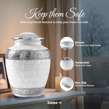 AmericUrn Custom Plaque White Patch Urns for Human Ashes Adult - Burial Urn Set of 7 with 1 Large urn, 4 Keepsake & Memorial Necklaces - color: White Patch Plaque Set