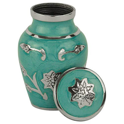 Grace Turquoise Keepsake Cremation Urn for Ashes, Brass, Blue Green Urn, Keepsake Sized Cremation Urn, 3 Inches High - color: Turquoise
