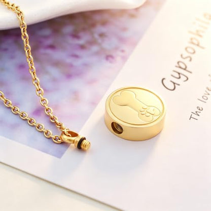 SIYUU Pet Ashes Necklace 20mm Round Shape Dog Cat Keepsake Jewelry Stainless Steel Memorial Urn Jewelry Etching Paw Print & Dog Bone Cremation Pendant Necklace - color: Gold