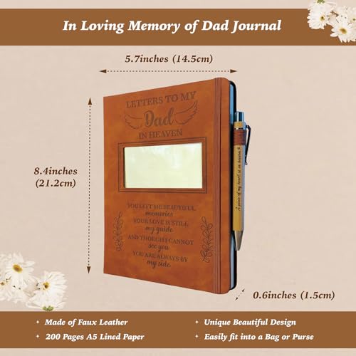 Dad Grieving Gift, Sympathy Condolence Remembrance Memorial Gifts | Letters To My Dad In Heaven Faux Leather Journal with Window Cover 200 Pages A5 Lined for Family Friend Who Loss of Father - style: Dad