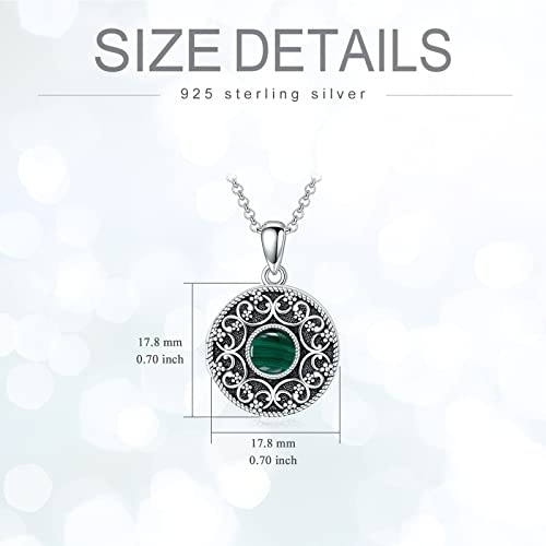 Round Locket Necklace 925 Sterling Silver Filigree/Flower Locket Necklace That Holds Pictures Birthday Christmas Jewelry Gifts for Women - color: 02-Malachite Locket