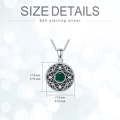 Round Locket Necklace 925 Sterling Silver Filigree/Flower Locket Necklace That Holds Pictures Birthday Christmas Jewelry Gifts for Women - color: 02-Malachite Locket