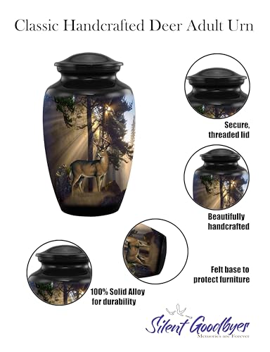 Gone Hunting Deer Cremation Urn with Sunrays – Majestic Buck Memorial Urn for Human Ashes – Handcrafted Full Size Adult Funeral Urn up to 200 lbs with Velvet Bag (Large) - size: Adult