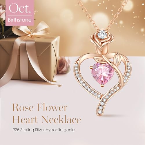 925 Sterling Silver Rose Love Heart Birthstone Necklaces for Women Jewelry | Hypoallergenic Nickel-Free & Lead-Free Pendant,Birthday Anniversary Christmas Gift for Women Wife Mom Girlfriend - color: Rose Gold-10-Oct