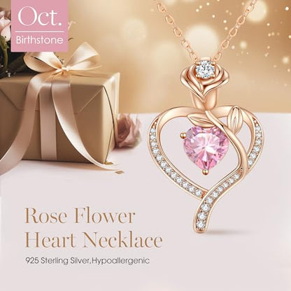 925 Sterling Silver Rose Love Heart Birthstone Necklaces for Women Jewelry | Hypoallergenic Nickel-Free & Lead-Free Pendant,Birthday Anniversary Christmas Gift for Women Wife Mom Girlfriend - color: Rose Gold-10-Oct