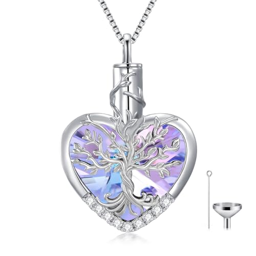 WINNICACA Urn Necklaces for Ashes 925 Sterling Silver Tree of Life Heart Cremation Jewelry for Ashes Jewelry Gifts for Human Ashes Keepsake Memorial Jewelry for Women Men - style: 2-Purple Crystal Tree of Life Urn