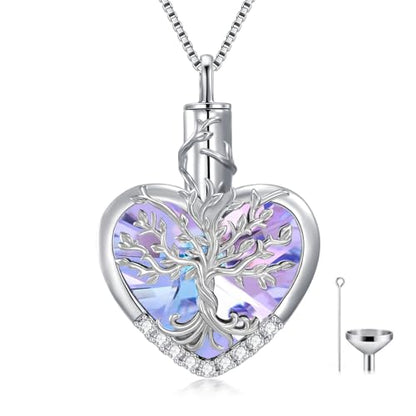 WINNICACA Urn Necklaces for Ashes 925 Sterling Silver Tree of Life Heart Cremation Jewelry for Ashes Jewelry Gifts for Human Ashes Keepsake Memorial Jewelry for Women Men - style: 2-Purple Crystal Tree of Life Urn