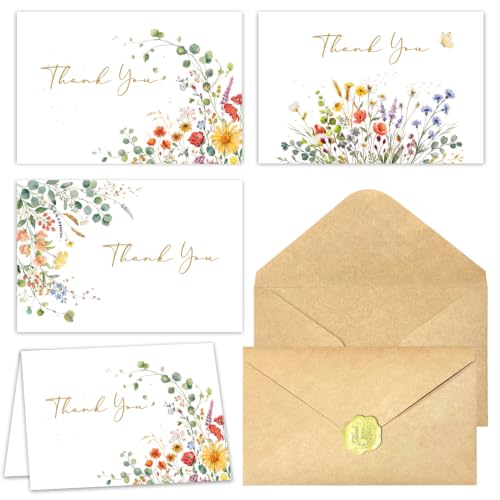 Thank You Cards with Envelopes - 30 Pack Watercolor Floral Thank You Notes with Kraft Envelopes and Stickers for Bridal Shower, 4x6 Inch Blank Greeting Cards Bulk for Small Business, Wedding, Baby Shower, Funeral - color: Flower-11