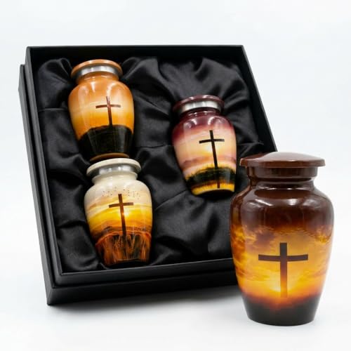 Set of 4 Sunset Cross Small Urns for Human Ashes Keepsake – Decorative Cremation Mini Urn for Ashes for Adult Male & Female with Velvet Bags - color: Sunset Cross Keepsake Set