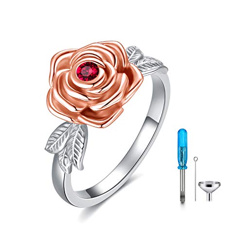 925 Sterling Silver Rose Flower Cremation Urn Ring Holds Loved Ones Ashes Cremation Keepsake Ring Jewelry Embellished with Crystals from Austria - color: Silver&Rose Gold