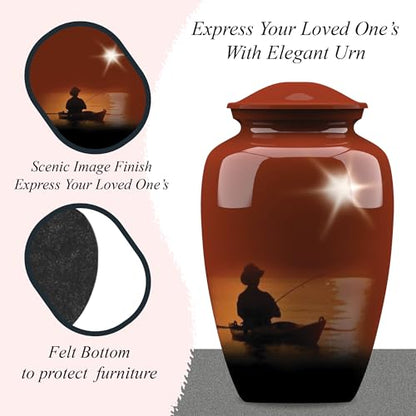 Forever URNS Adult Cremation Funeral Urn with Printed Fishing Man Theme for Human Ashes of Female & Male | 200 cu in | Large | Multicolor | Completely Handcrafted with Velvet Protection Bag