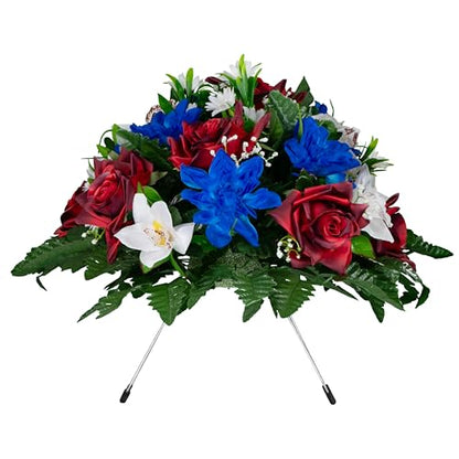 Sympathy Silks - Artificial Flowers for Cemeteries - Red Open Roses, White Orchids, and Blue Dahlias - (1) Headstone Saddle
