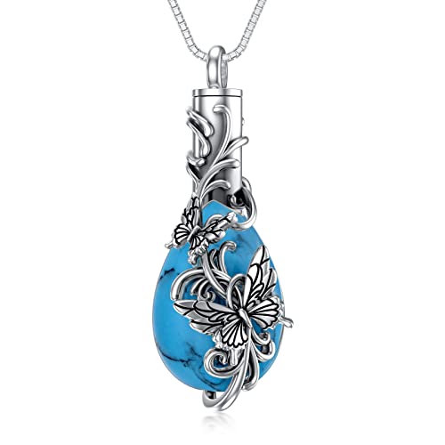 PELOVNY Urn Necklace for Ashes 925 Sterling Silver Butterfly Dragonfly Bee Phoenix Hummingbird Urn Necklaces Animal Crystal Cremation Jewelry for Ashes Cat Dog Pet Memorial Gifts - color: 02-Butterfly Turquoise Urn