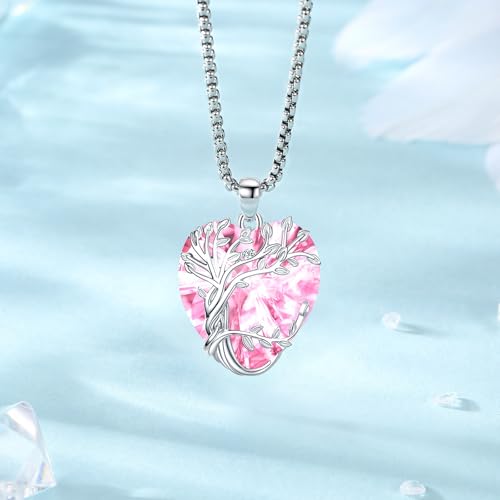 Eusense Tree of Life Necklace for Women Men Sterling Silver 925 Tree Urn Locket Cremation Jewelry Family Tree Pendant Gifts for Her Him Mom Dad Grandma Daughter - style: E-G-Tree of Life Necklace 10-Pink