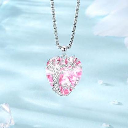 Eusense Tree of Life Necklace for Women Men Sterling Silver 925 Tree Urn Locket Cremation Jewelry Family Tree Pendant Gifts for Her Him Mom Dad Grandma Daughter - style: E-G-Tree of Life Necklace 10-Pink
