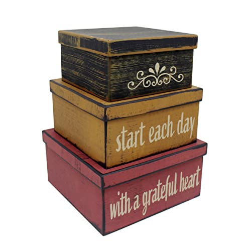 CVHOMEDECO. Farmhouse Square “Start Each Day with A Grateful Heart” Cardboard Nesting Boxes for Photos Memories Keepsakes, Large 9 X 9 X 4-1/2 Inch. Set of 3.