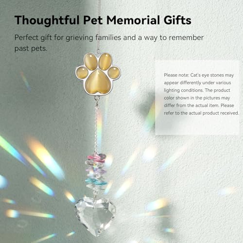 Dog Memorial Gifts, Pet Memorial Suncatcher, Loss of Dog Sympathy Gift | Thoughtful Dogs and Cats Bereavement Remembrance Gifts, Natural Cat's Eye Stone Paw Crystal Suncatcher - color: Amber-hued