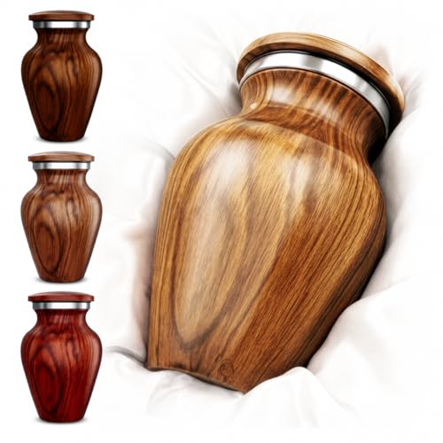 Small Keepsake Urn for Human Ashes – Oak Wood Appearance Memorial – Handcrafted Mini Urn for Sharing – Recycled Cast Aluminum – Secure Lid - Velvet Bag & Funnel – Decorative Container - color: 1 Oak