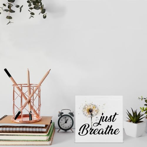 Inspirational Quote Desk Wooden Sign Decor Just Breathe Square Wood Sign | Desk Decoration Positive Dandelion Quotes Wood Block Box for Shelf Home 5 x 5 Inches