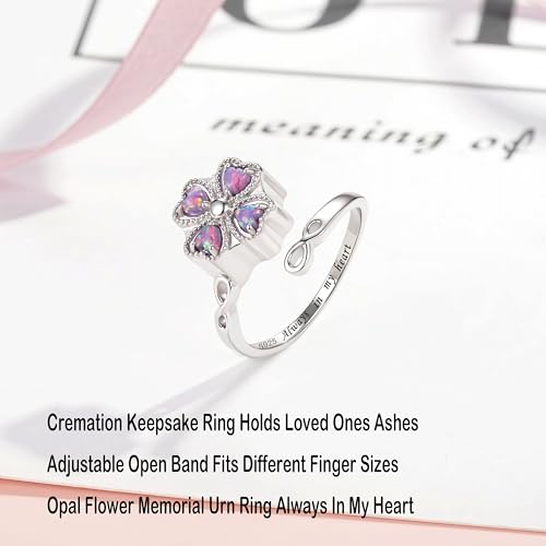 ZOEXUE Four Leaf Clover Cremation Urn Ring for Women, 925 Sterling Silver Adjustable Open Memorial Keepsake Ring with Opal Stones, Holds Ashes Bereavement Sympathy Gift - color: purple