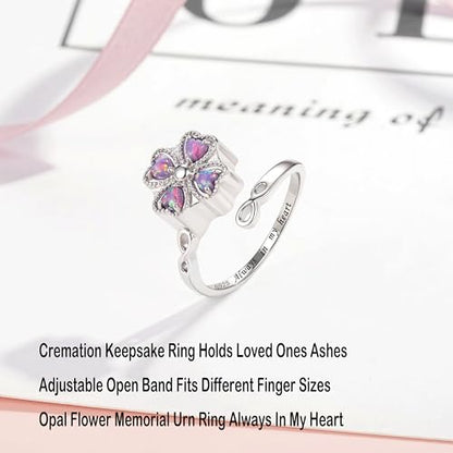ZOEXUE Four Leaf Clover Cremation Urn Ring for Women, 925 Sterling Silver Adjustable Open Memorial Keepsake Ring with Opal Stones, Holds Ashes Bereavement Sympathy Gift - color: purple