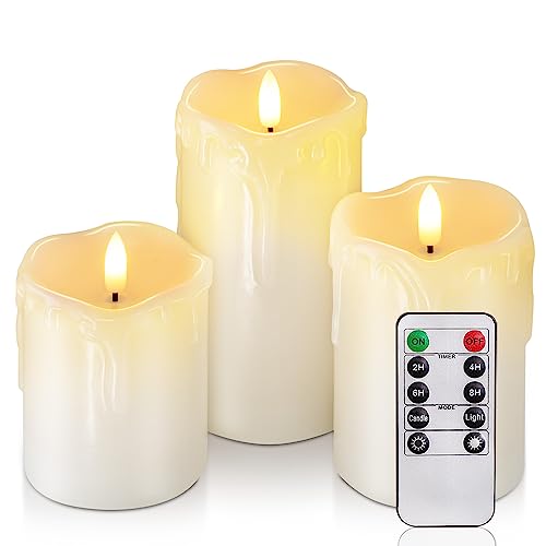 Homemory Dripping Wax Flameless LED Pillar Candles, Battery Operated with Remote Control and Timer, Set of 3, 5" H x 4" W x 6" D - color: Ivory Wax, size: D3"H4"5"6"