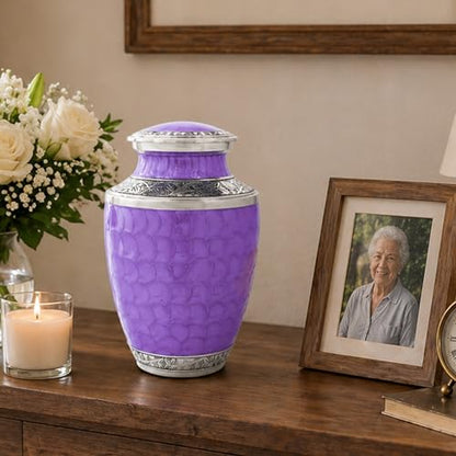 CLEENTABLE Purple Silver Cremation Urn, Engraved Metal