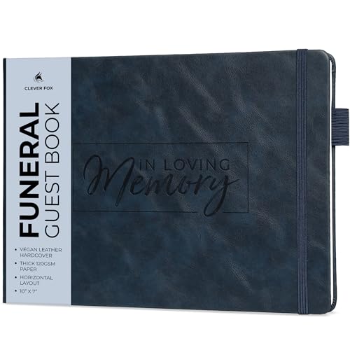 Clever Fox Funeral Guest Book for Memorial Service w/Address, Dark Blue | 10x7 in, 120 pages, Eco leather hardcover, Personalized celebration of life guestbook, Memory book & condolence register - color: Dark Blue