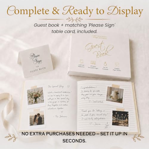Wedding Guest Book, 100 Blank Pages, 9×7" Gold Foil Hardcover - color: Cream
