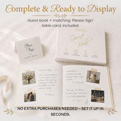 Wedding Guest Book, 100 Blank Pages, 9×7" Gold Foil Hardcover - color: Cream
