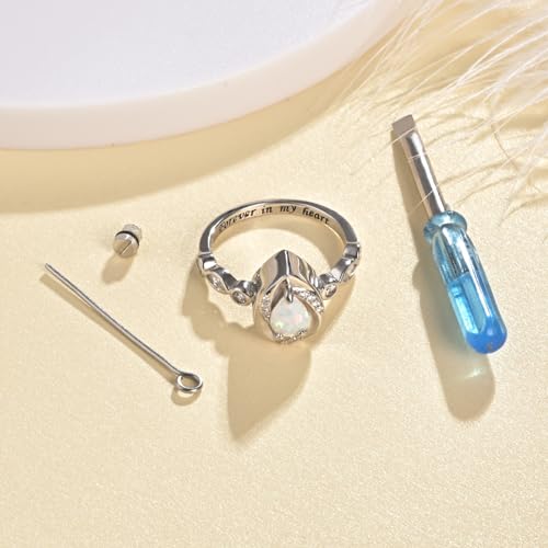 Jinlou Sterling Silver Teardrop Opal Urn Ring for Ashes Cremation Rings Memorial Jewelry for Women for Ashes of Loved Ones