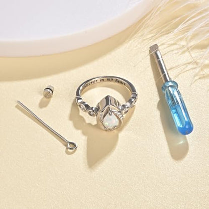 Jinlou Sterling Silver Teardrop Opal Urn Ring for Ashes Cremation Rings Memorial Jewelry for Women for Ashes of Loved Ones