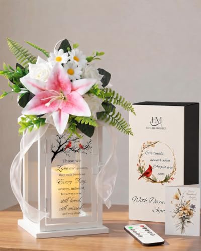 in Memory of Loved One Memorial Lantern with Flower, Sympathy Bereavement Gift for Loss of Father Mother, Funeral Tribute Gift for Grief Comfort - color: Those We Love/White