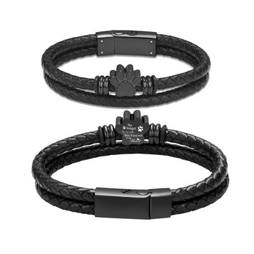Hearbeingt Paw Print Urn Bracelet for Ashes Pet Cremation Jewelry | for Women Men,Stainless Steel,Memorial Leather Bangle,Ash Holder for Cat Dog,Keepsake Jewelry of Loved Ones,Gift,Fill Tool - color: Black-20CM