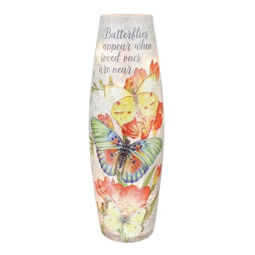 Illuminated Lighted Vase – Butterflies Appear – Large 11.75" – Orange Flowers – UL-Certified Glass Memorial Vase – Sympathy & Remembrance Gift