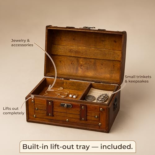 Wooden Treasure Chest with Removable Tray, Pirate Box, Medium 10.5x7x6 in - size: Medium