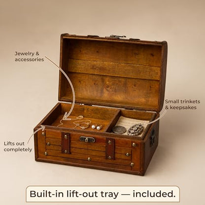 Wooden Treasure Chest with Removable Tray, Pirate Box, Medium 10.5x7x6 in - size: Medium