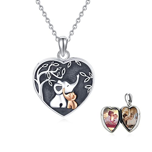 TUGHRA Locket Necklaces That Holds Picture Sterling Silver Elephant Locket Heart Pendant Necklace Photos Jewelry Gifts for Women Teen Mom Daughter - style: 01-Oxidation