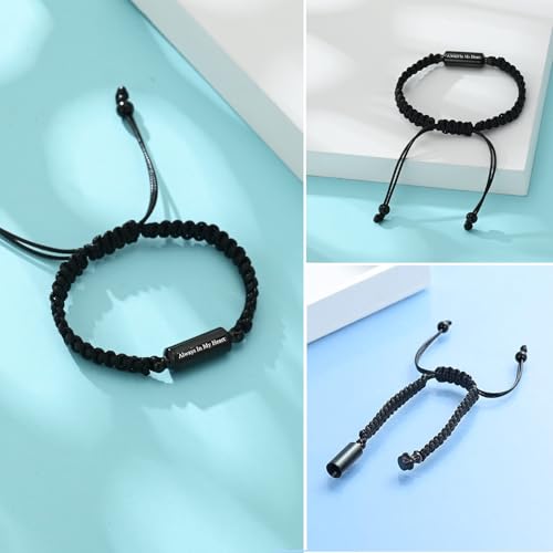 Hearbeingt Cylinder Cremation Bracelet for Ashes Adjustable Rope Urn Bangle - color: A-Black Always In My Heart
