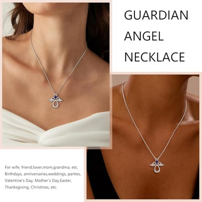 925 Sterling Silver Guardian Angel Pendant Necklace for Women with Birthstone Cubic Zirconia Little Angel Pendant Necklace Jewelry 18 inch Chain - color: 09-Sept-Sapphire